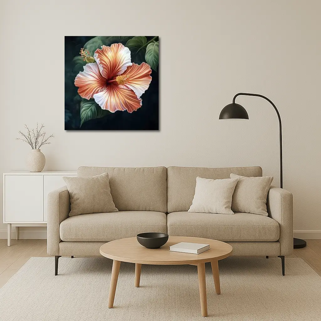 Peach Hibiscus Flower Dark Botanical Background – Wall Art