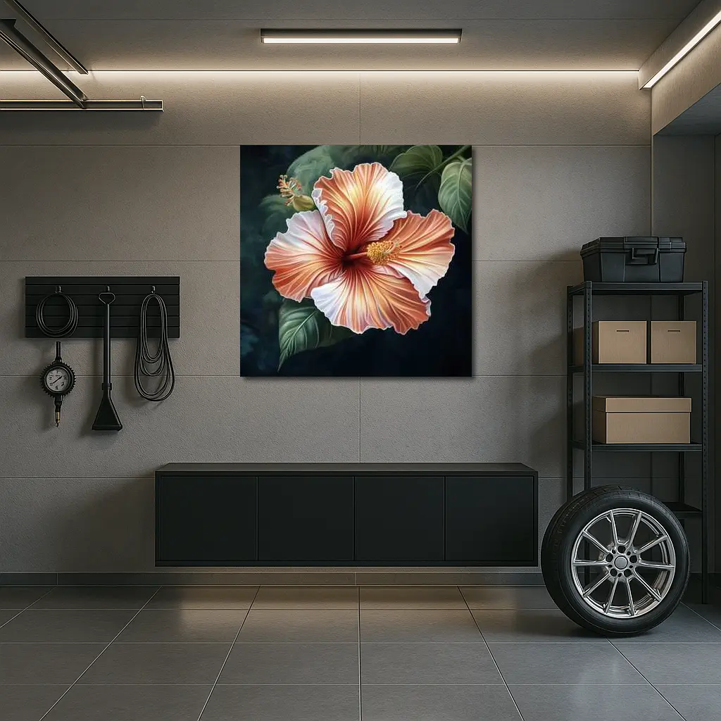 Peach Hibiscus Flower Dark Botanical Background – Wall Art