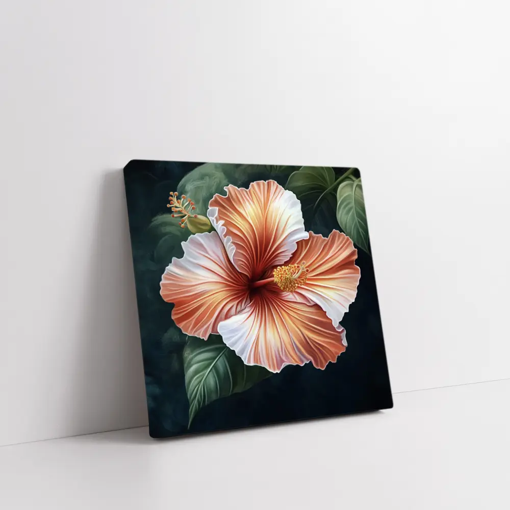 Peach Hibiscus Flower Dark Botanical Background – Wall Art
