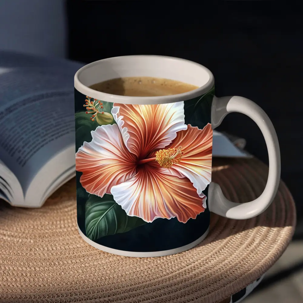 Peach Hibiscus Flower Dark Botanical Background – Mugs