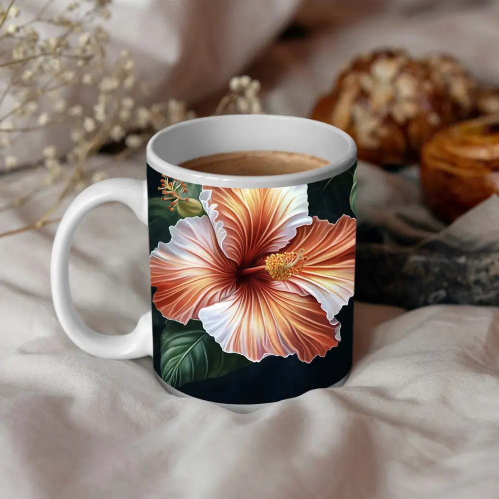 Peach Hibiscus Flower Dark Botanical Background – Mugs