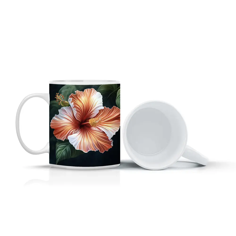 Peach Hibiscus Flower Dark Botanical Background – Mugs