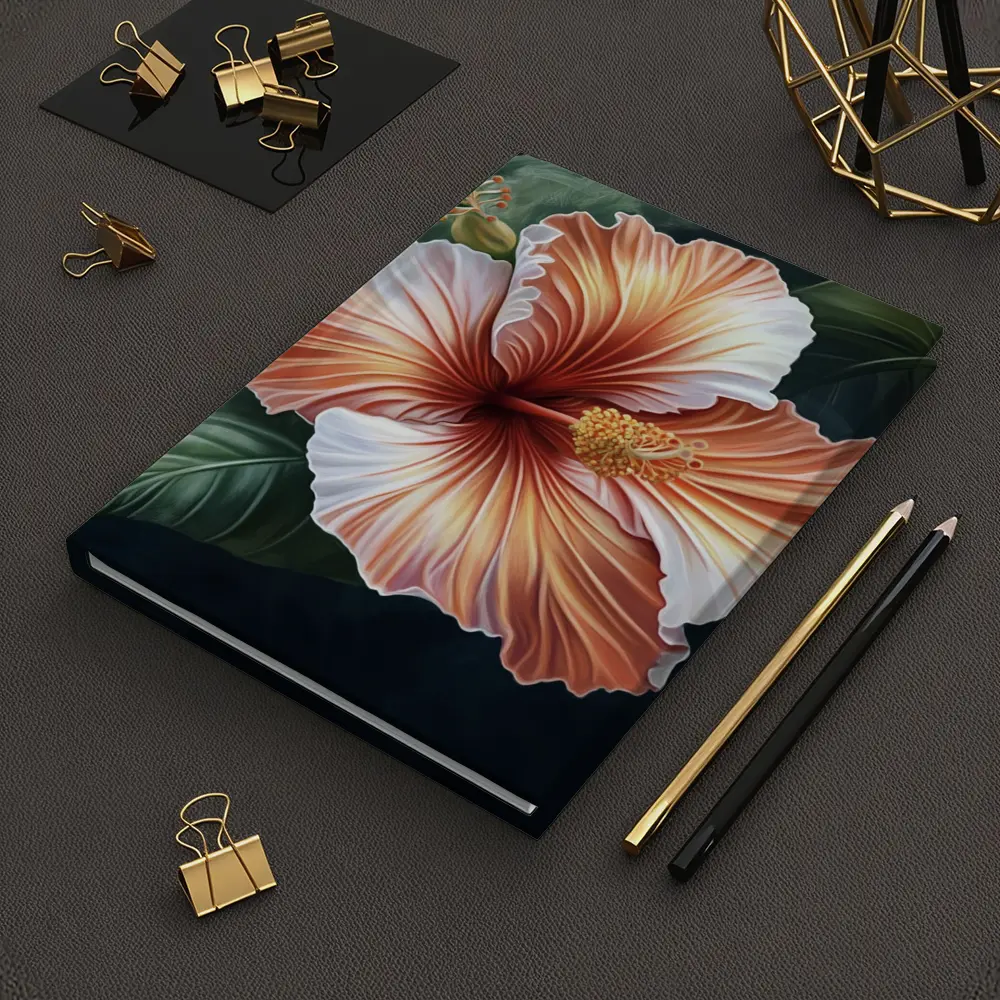Peach Hibiscus Flower Dark Botanical Background – Notebooks