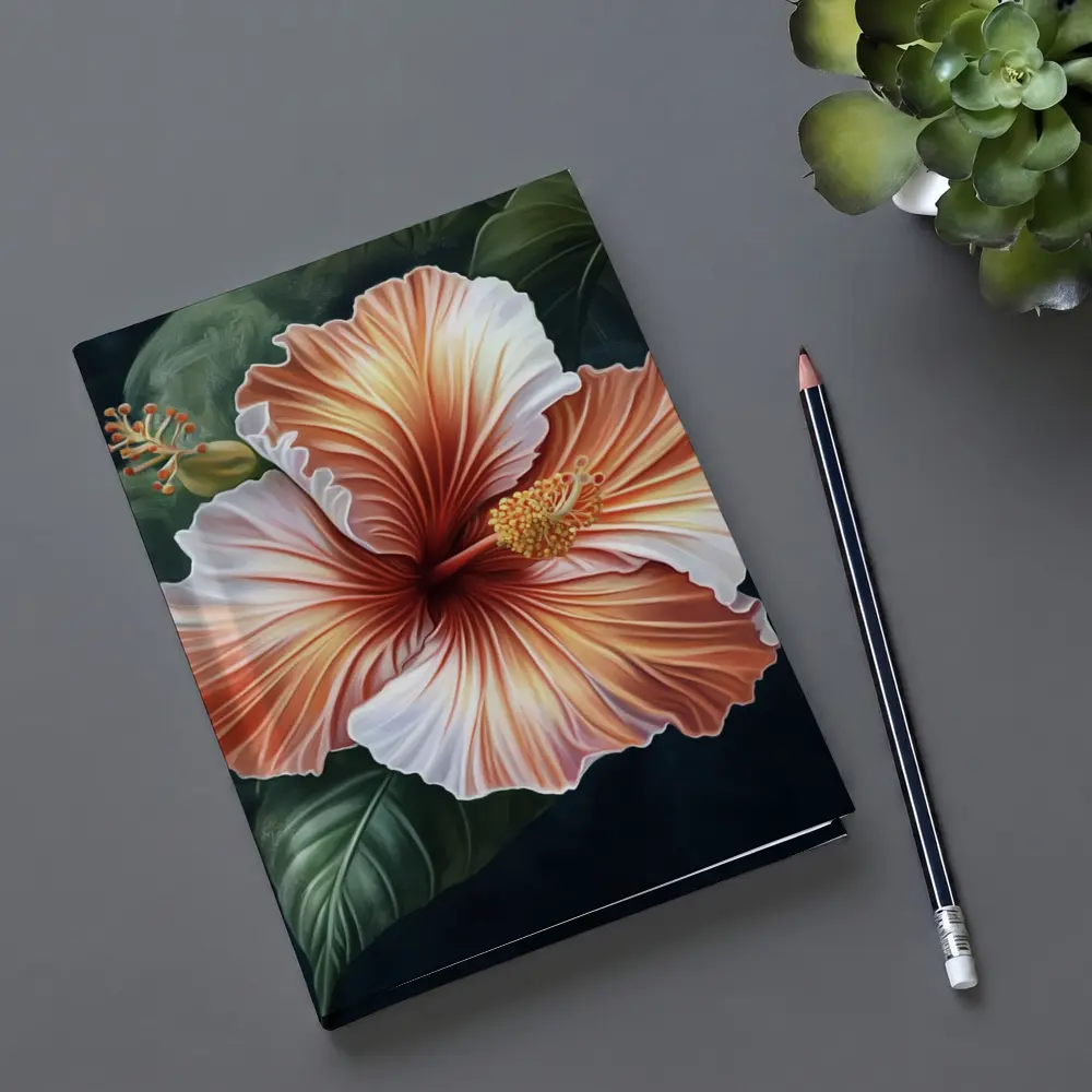 Peach Hibiscus Flower Dark Botanical Background – Notebooks
