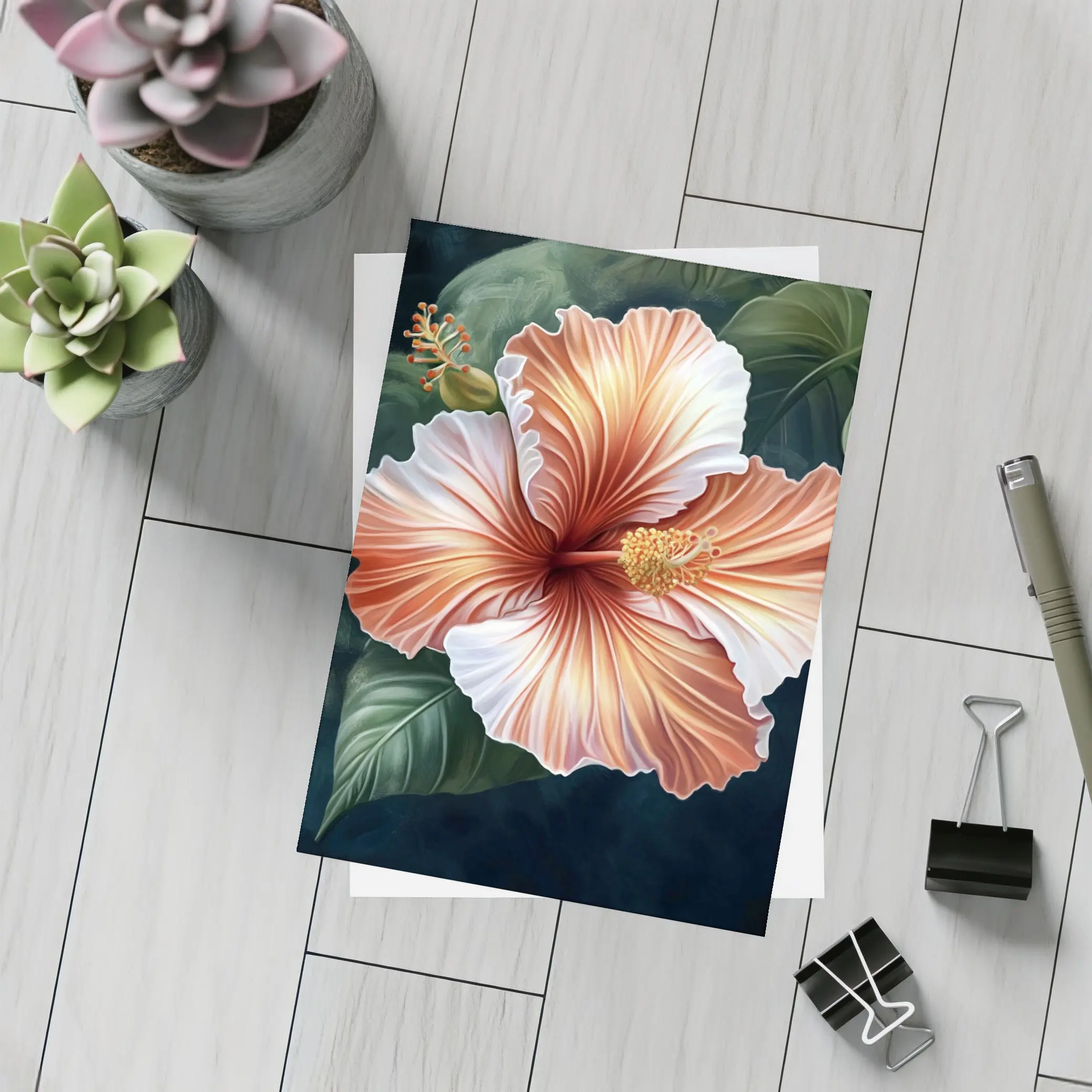 Peach Hibiscus Flower Dark Botanical Background – Postcards
