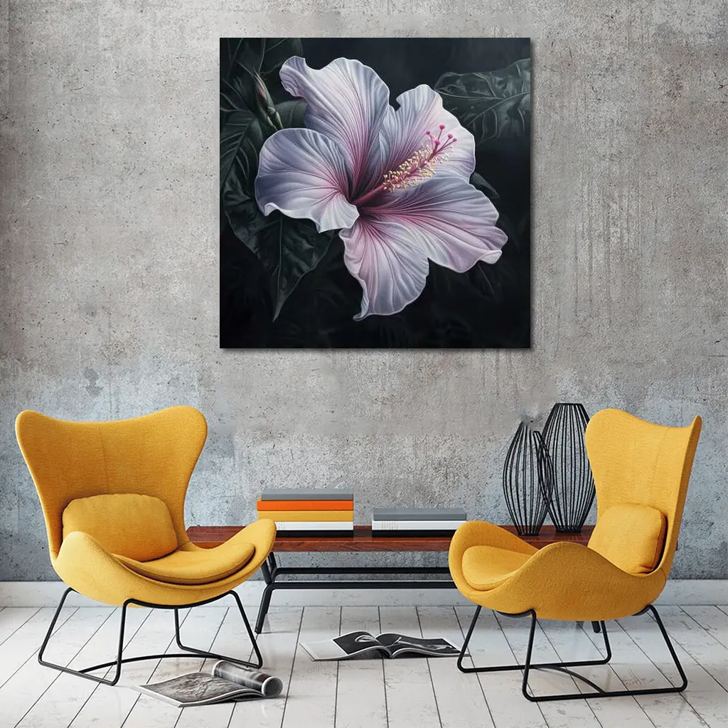 Pink Hibiscus Flower Dark Botanical Art – Wall Art