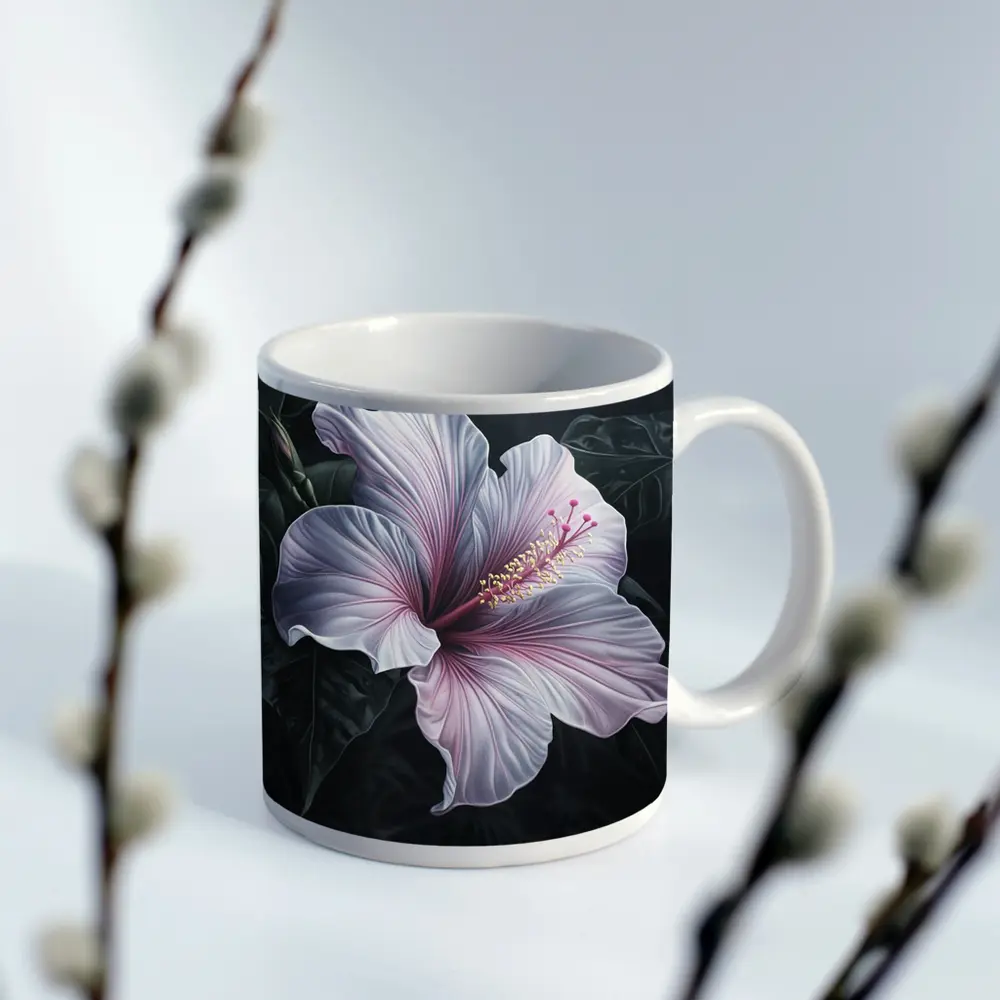 Pink Hibiscus Flower Dark Botanical Art – Mugs