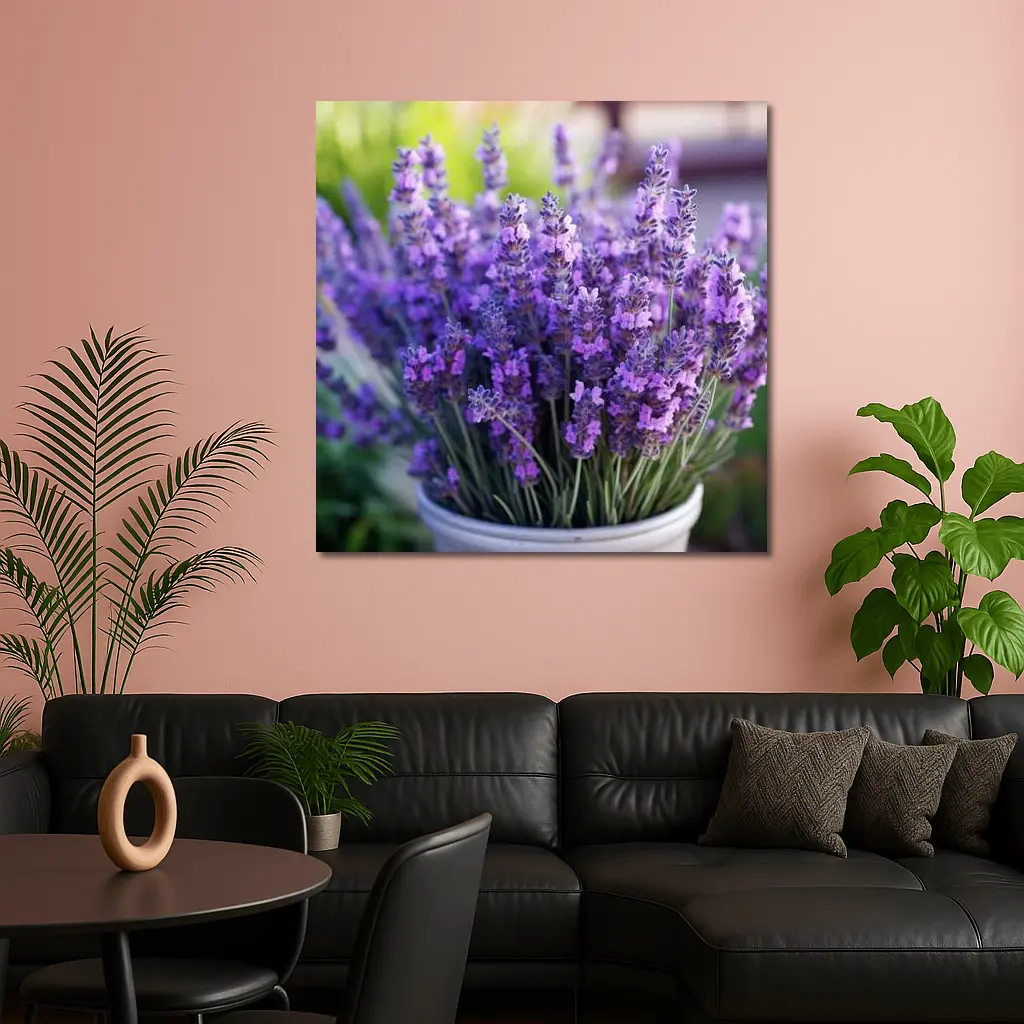Lavender Flowers In White Pot Garden – Wall Art