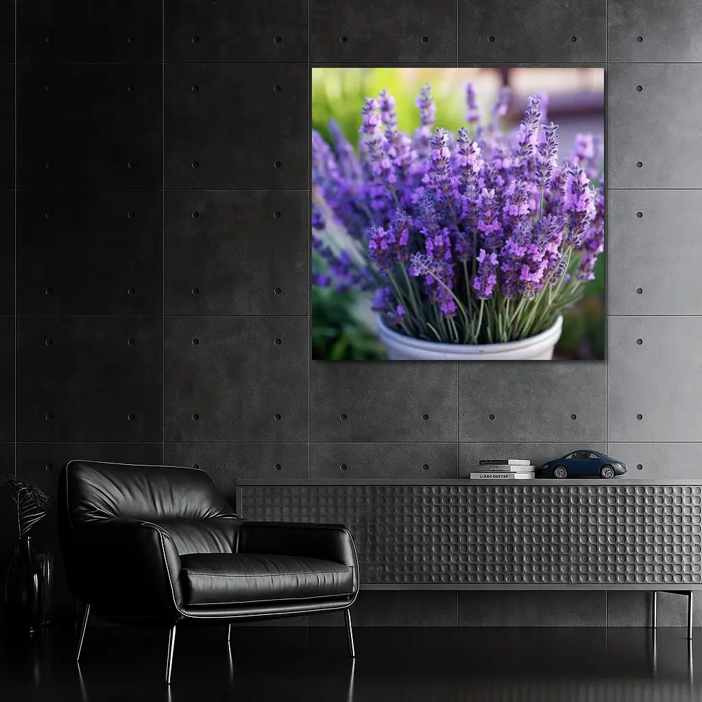 Lavender Flowers In White Pot Garden – Wall Art