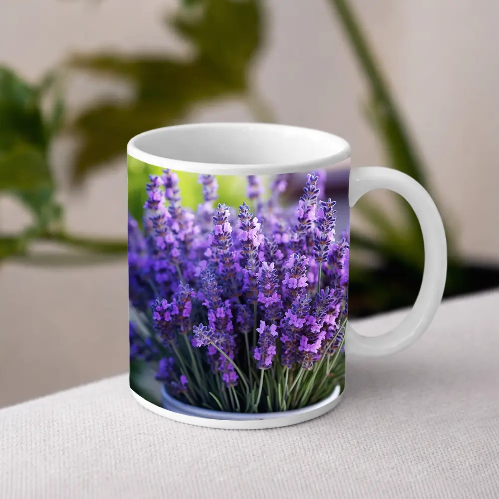 Lavender Flowers In White Pot Garden – Mugs