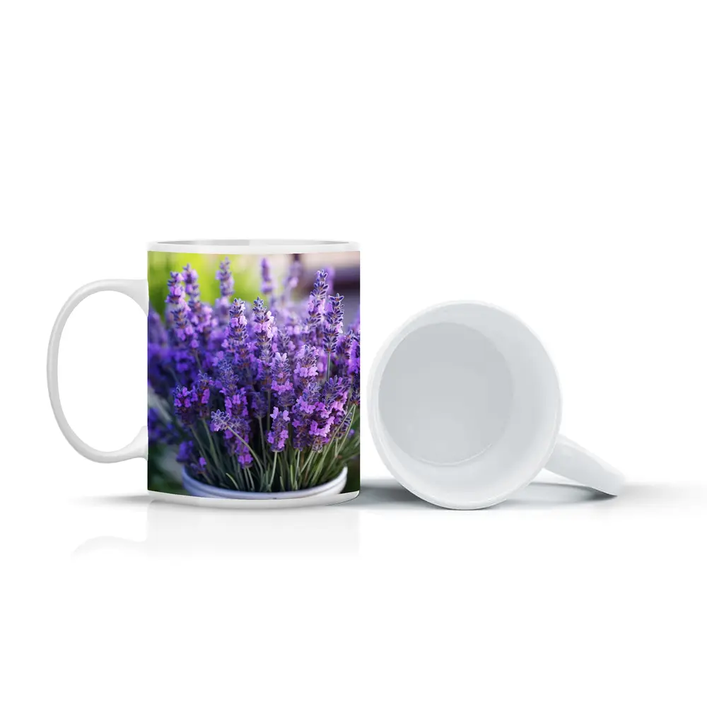 Lavender Flowers In White Pot Garden – Mugs