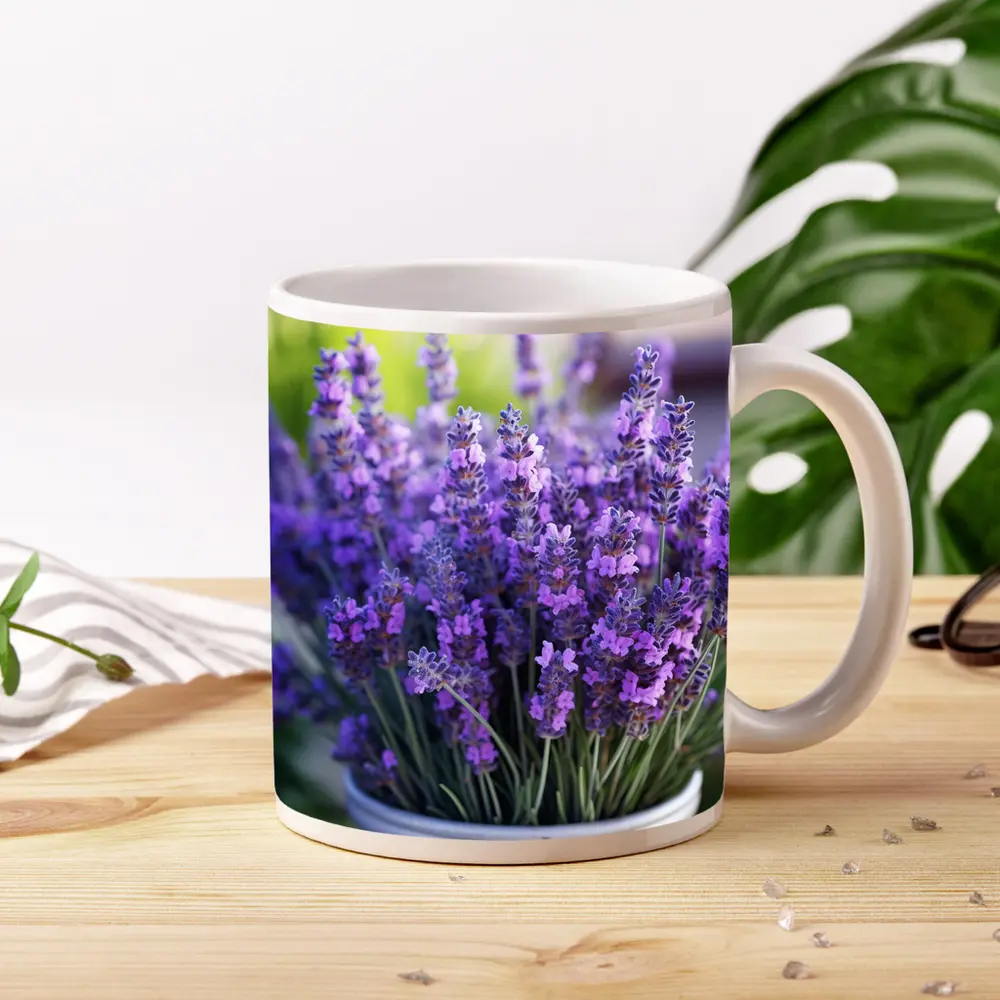 Lavender Flowers In White Pot Garden – Mugs