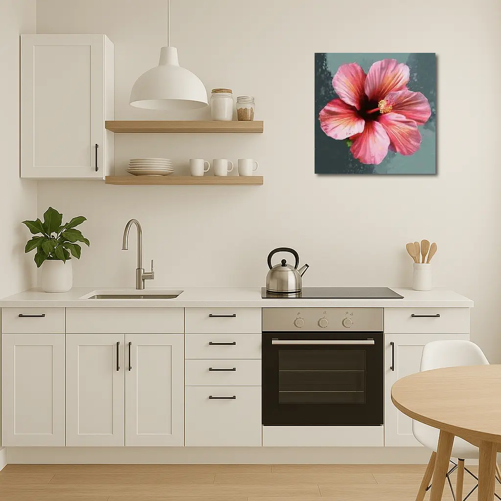 Pink Hibiscus Flower Painting Teal Background – Wall Art