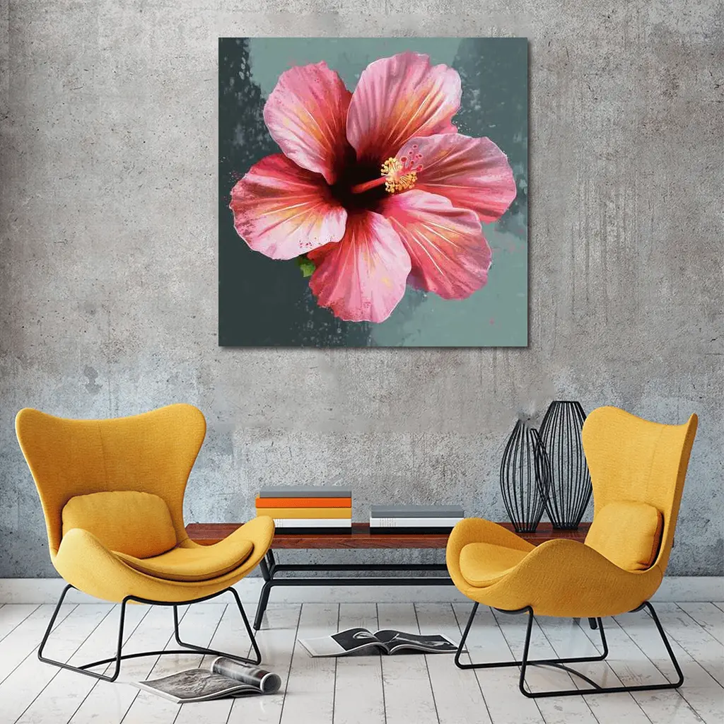 Pink Hibiscus Flower Painting Teal Background – Wall Art