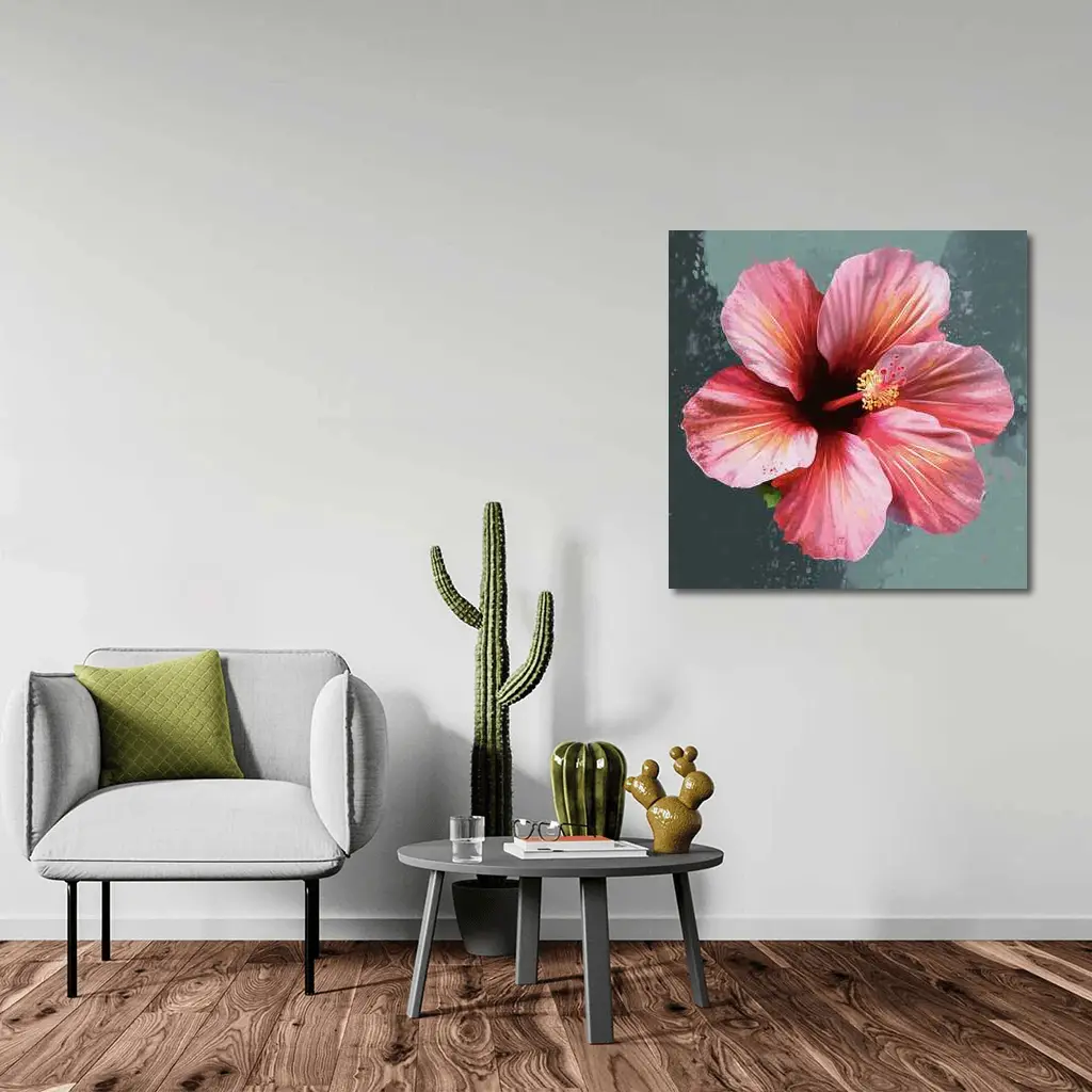 Pink Hibiscus Flower Painting Teal Background – Wall Art