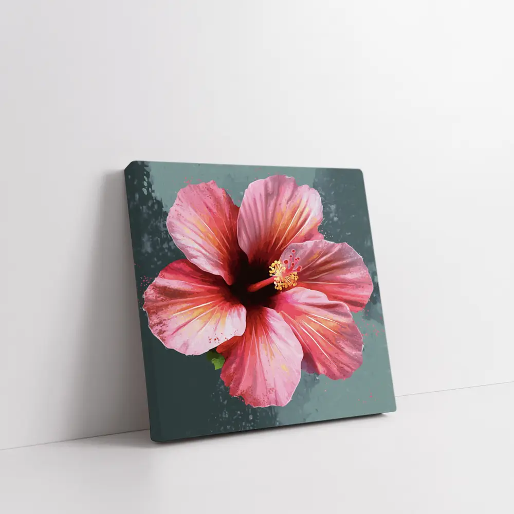 Pink Hibiscus Flower Painting Teal Background – Wall Art