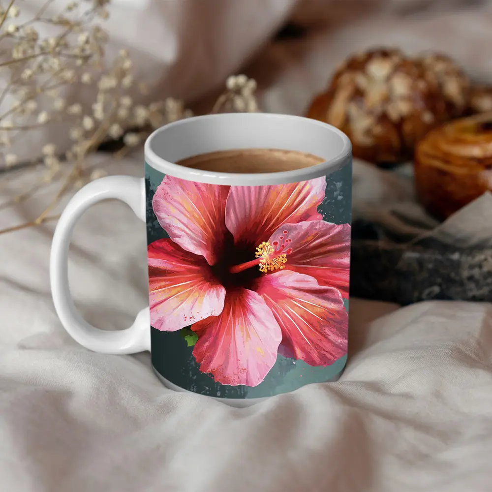 Pink Hibiscus Flower Painting Teal Background – Mugs