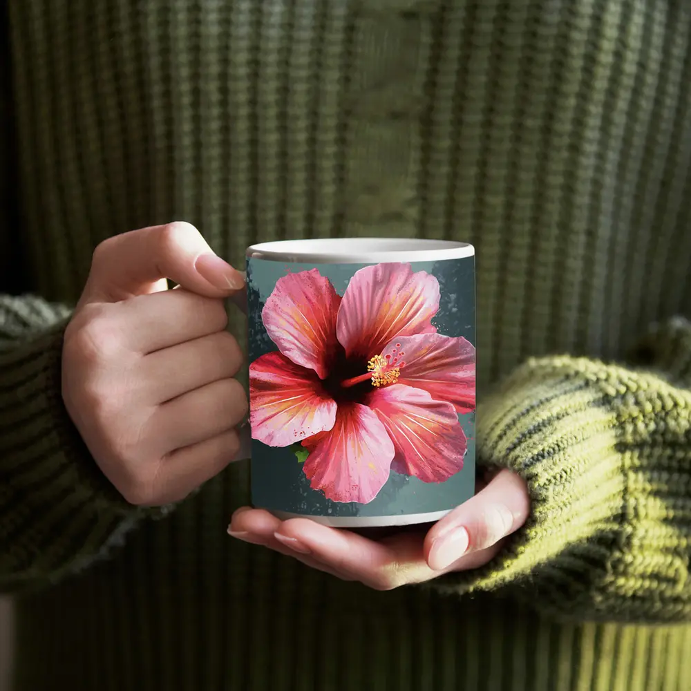 Pink Hibiscus Flower Painting Teal Background – Mugs