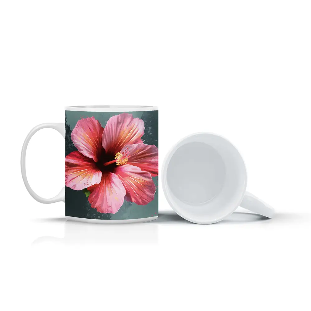 Pink Hibiscus Flower Painting Teal Background – Mugs