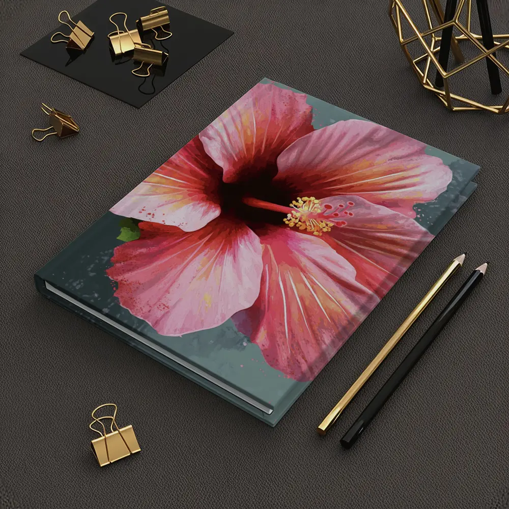 Pink Hibiscus Flower Painting Teal Background – Notebooks
