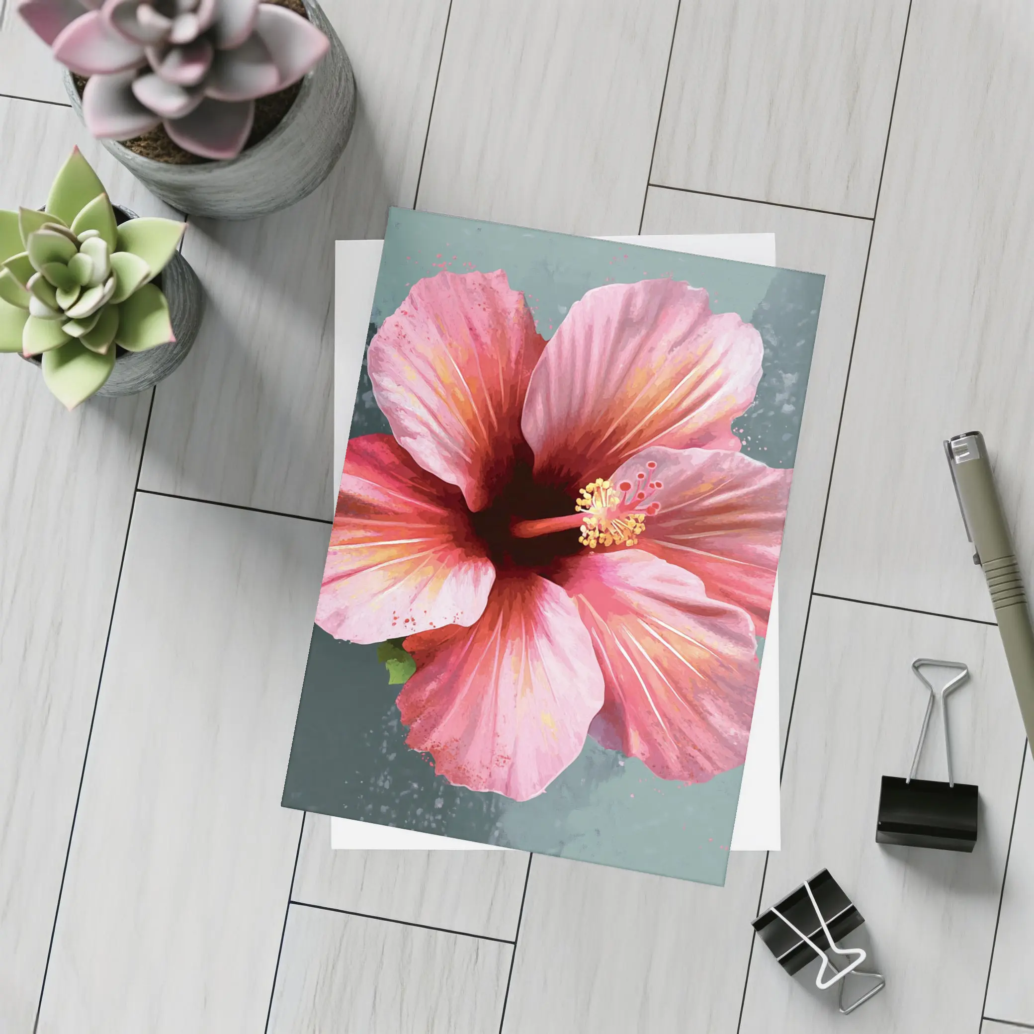 Pink Hibiscus Flower Painting Teal Background – Postcards