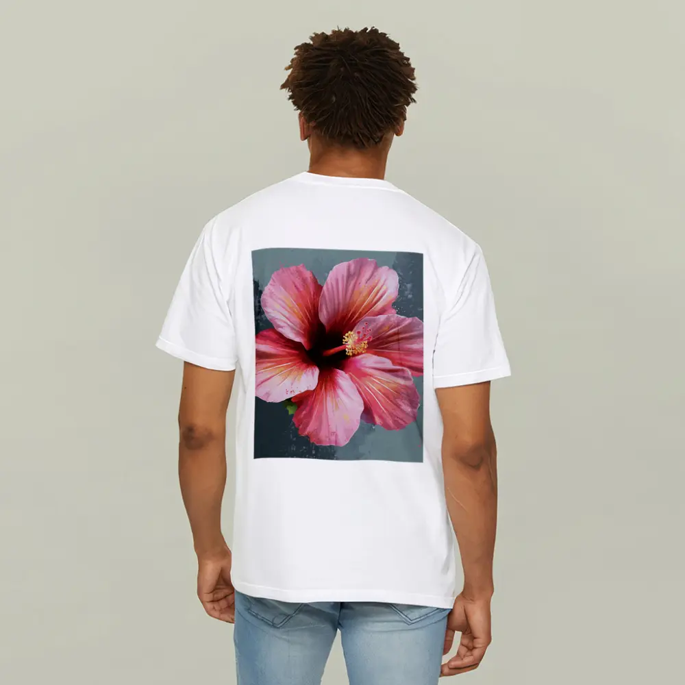 Pink Hibiscus Flower Painting Teal Background – T-Shirts