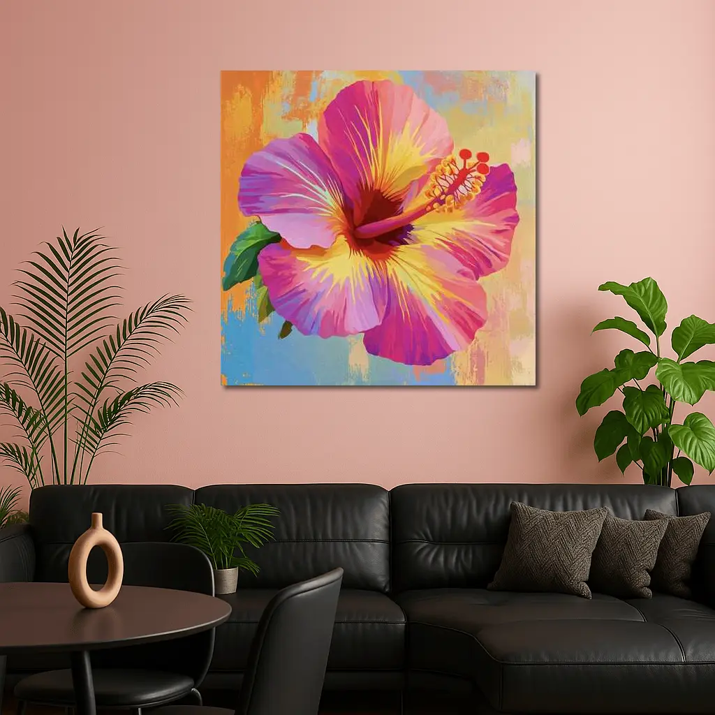Pink Hibiscus Flower Colorful Painted Background – Wall Art