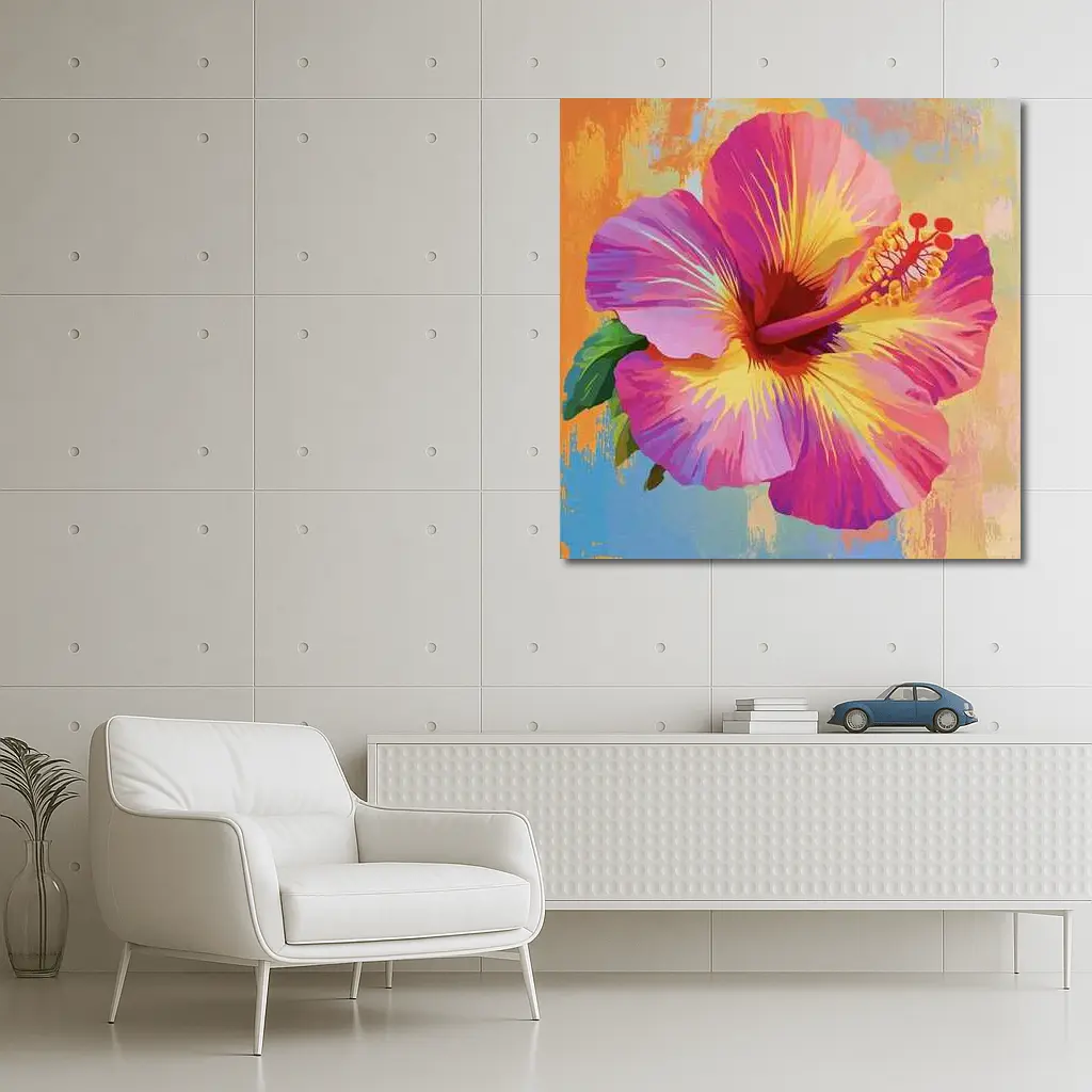 Pink Hibiscus Flower Colorful Painted Background – Wall Art