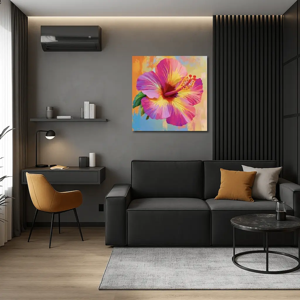 Pink Hibiscus Flower Colorful Painted Background – Wall Art