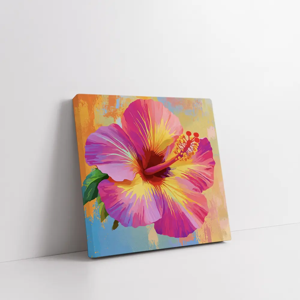 Pink Hibiscus Flower Colorful Painted Background – Wall Art
