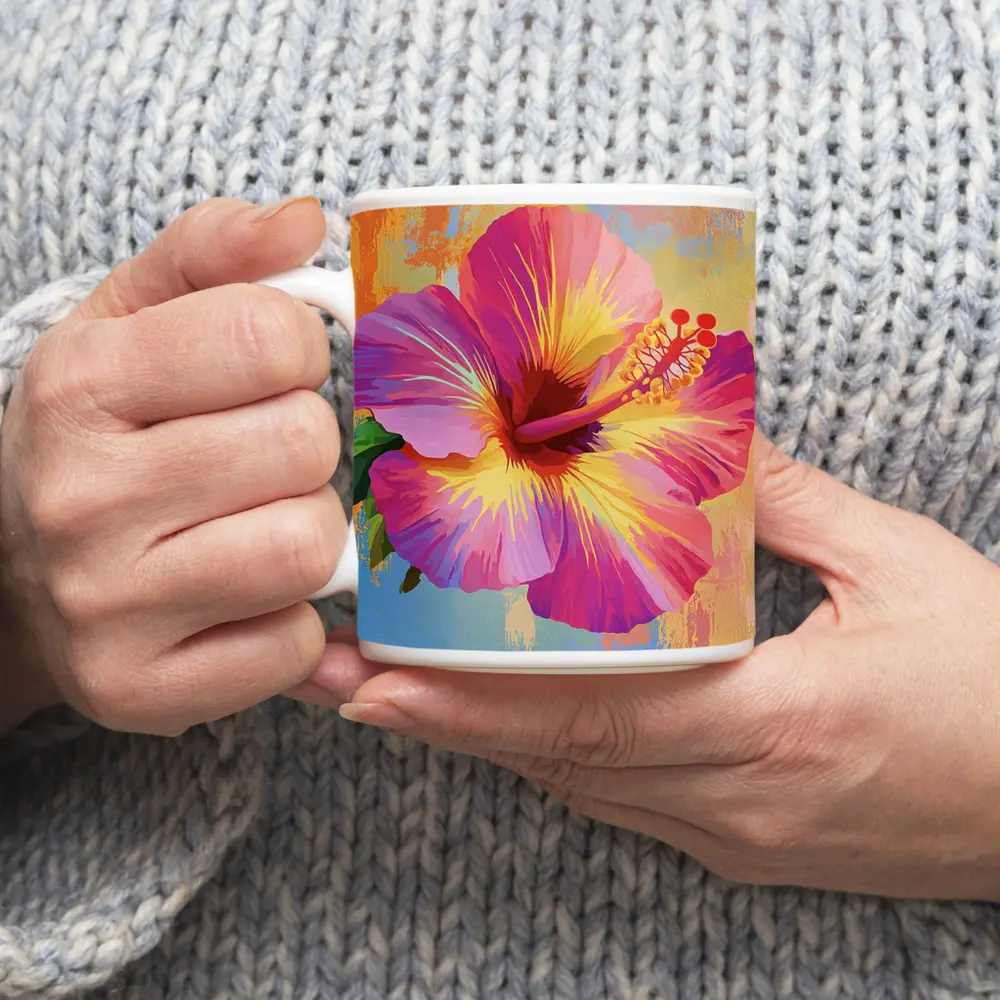 Pink Hibiscus Flower Colorful Painted Background – Mugs