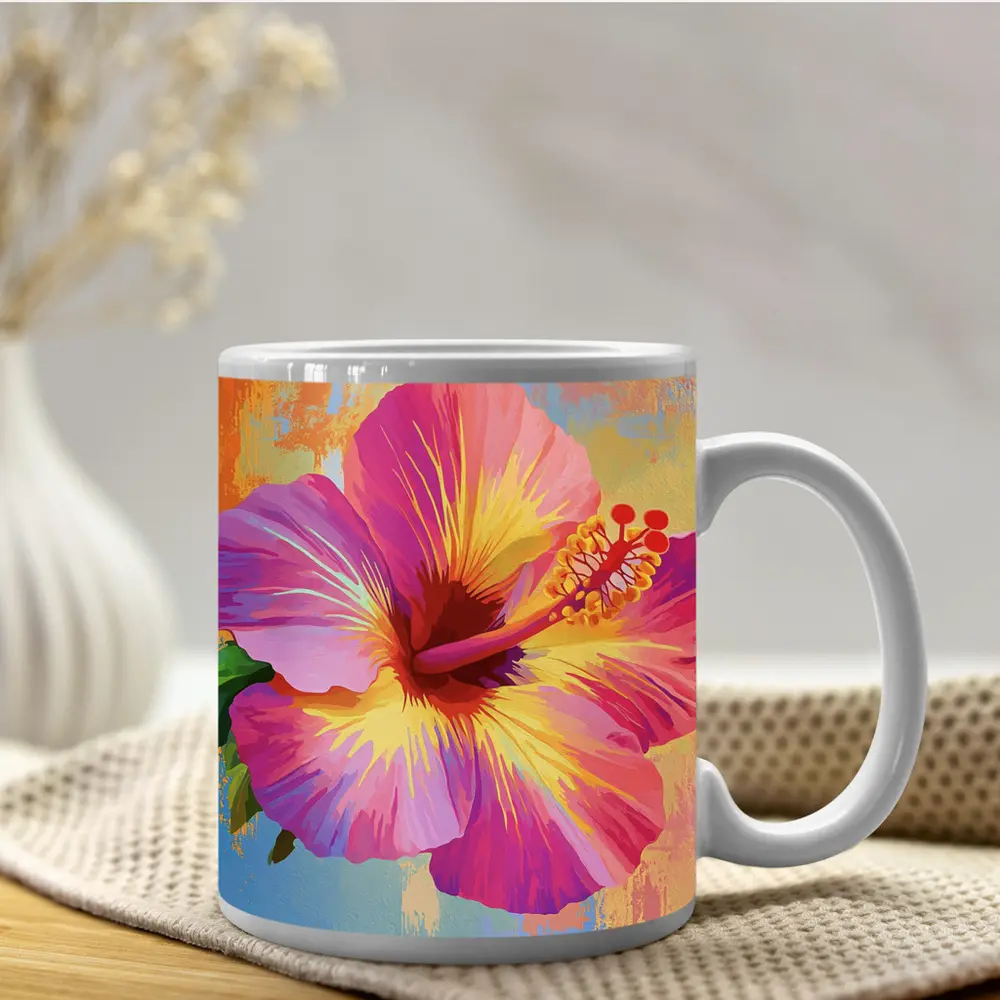 Pink Hibiscus Flower Colorful Painted Background – Mugs