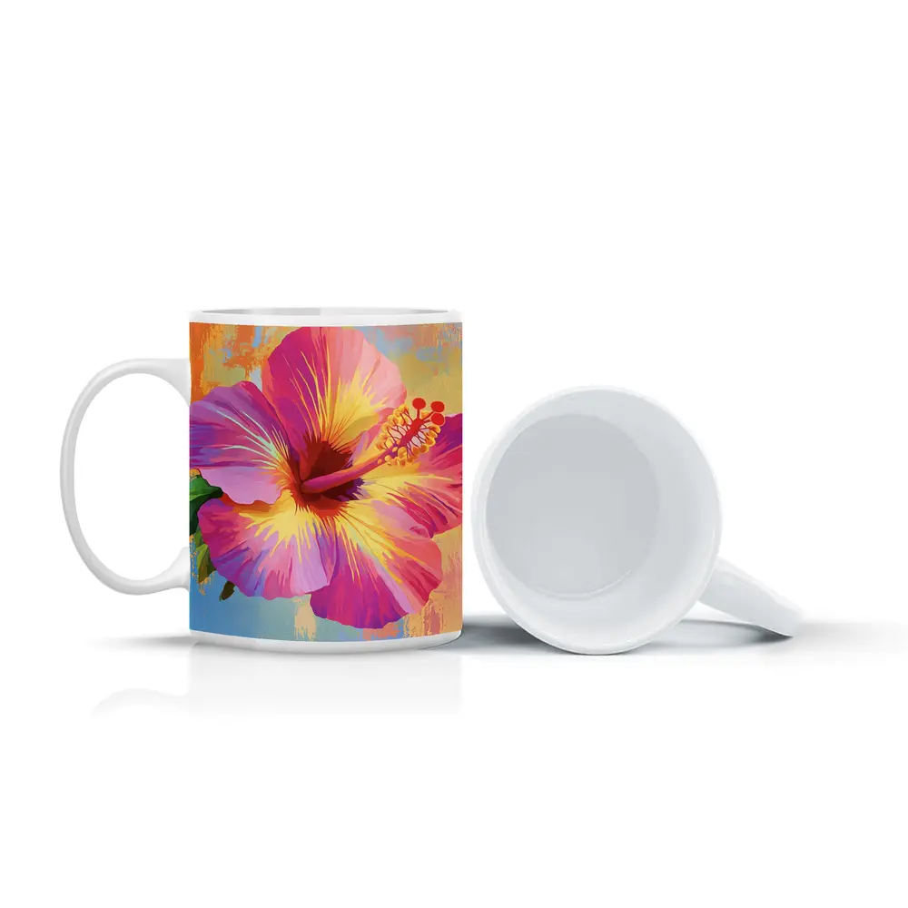 Pink Hibiscus Flower Colorful Painted Background – Mugs