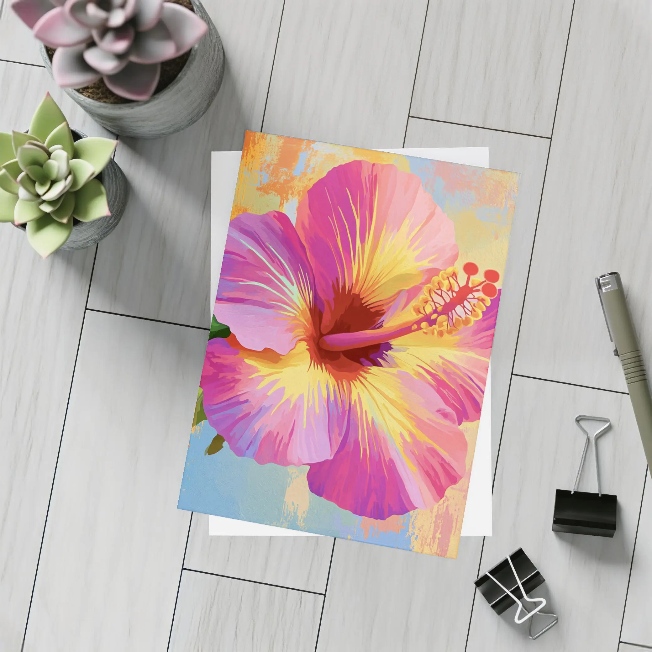Pink Hibiscus Flower Colorful Painted Background – Postcards