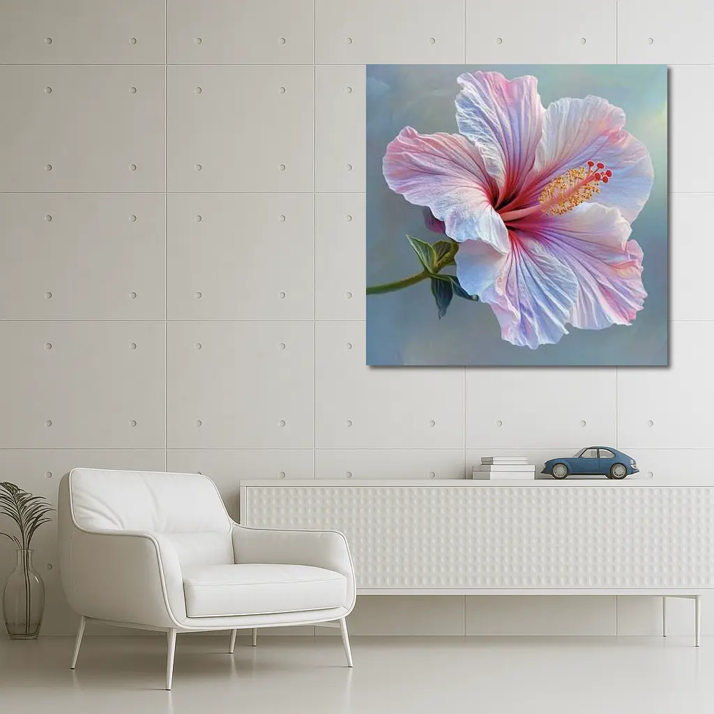 Pink Hibiscus Flower Soft Blue Background – Wall Art