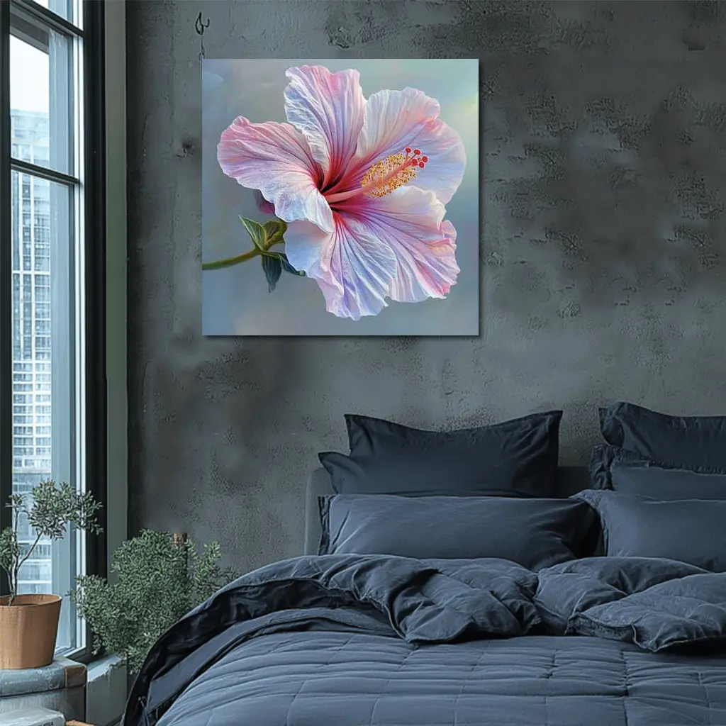 Pink Hibiscus Flower Soft Blue Background – Wall Art