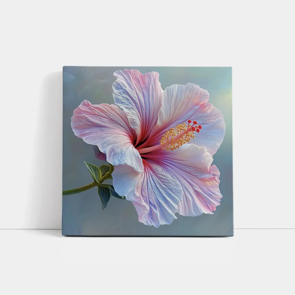 Pink Hibiscus Flower Soft Blue Background – Wall Art