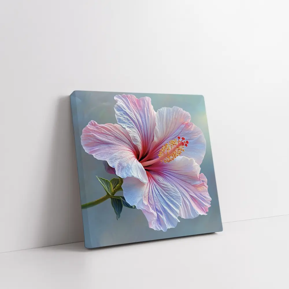 Pink Hibiscus Flower Soft Blue Background – Wall Art