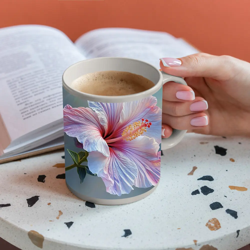 Pink Hibiscus Flower Soft Blue Background – Mugs