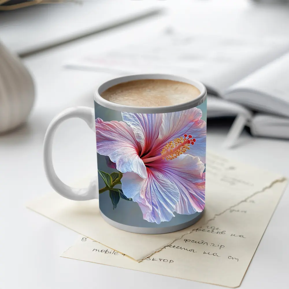 Pink Hibiscus Flower Soft Blue Background – Mugs