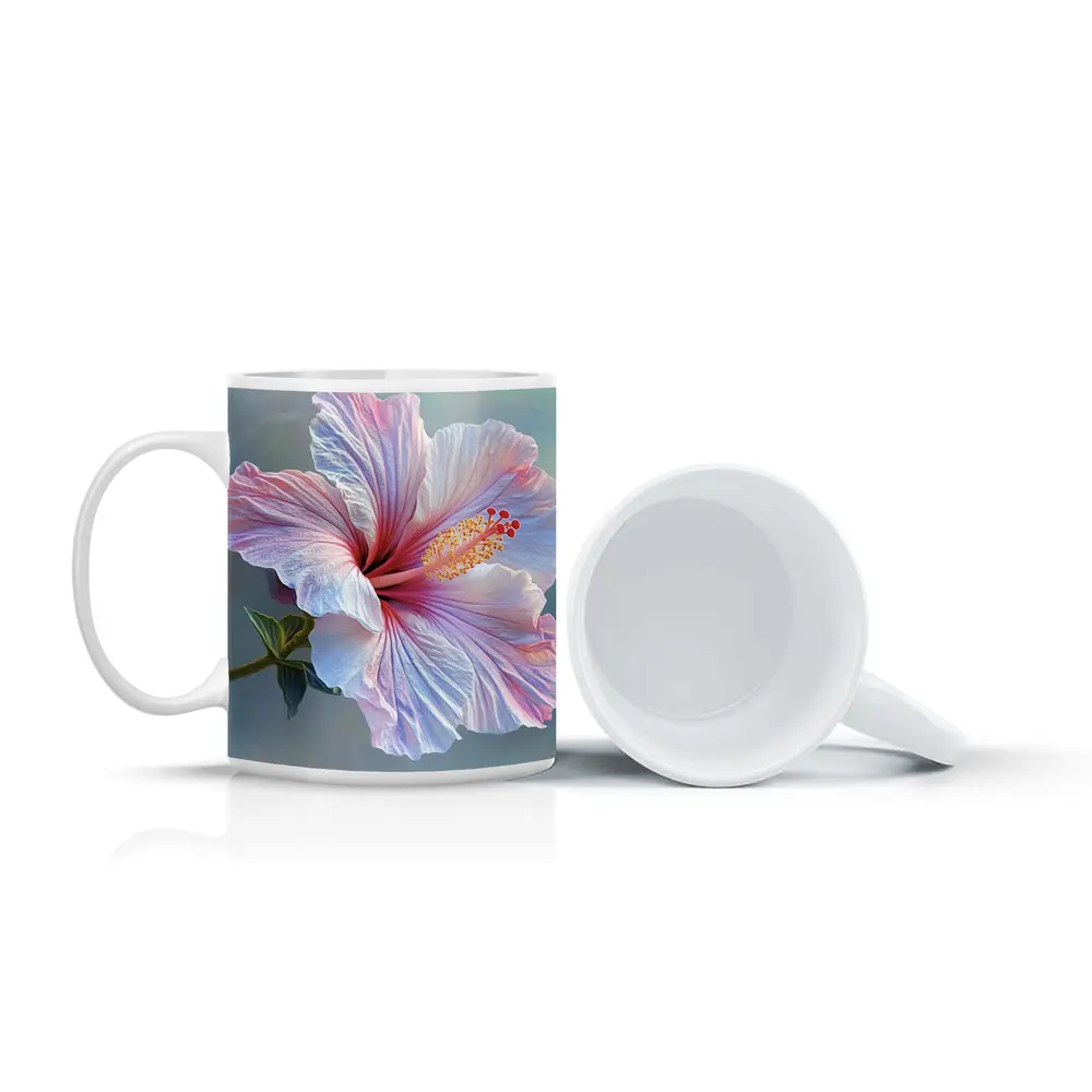 Pink Hibiscus Flower Soft Blue Background – Mugs