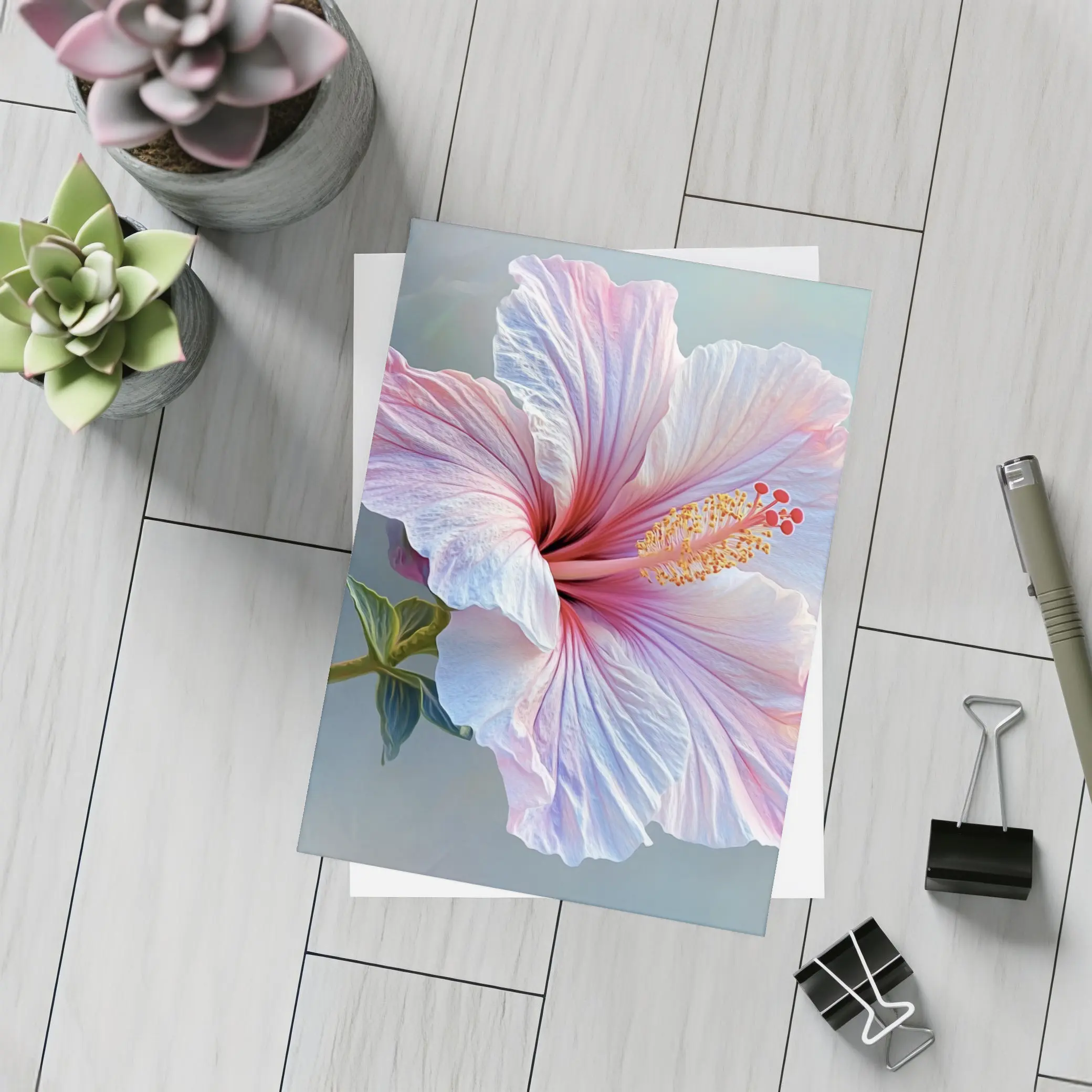 Pink Hibiscus Flower Soft Blue Background – Postcards