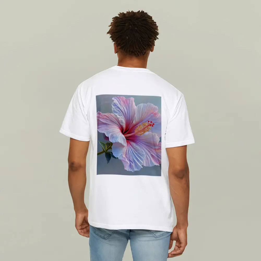 Pink Hibiscus Flower Soft Blue Background – T-Shirts