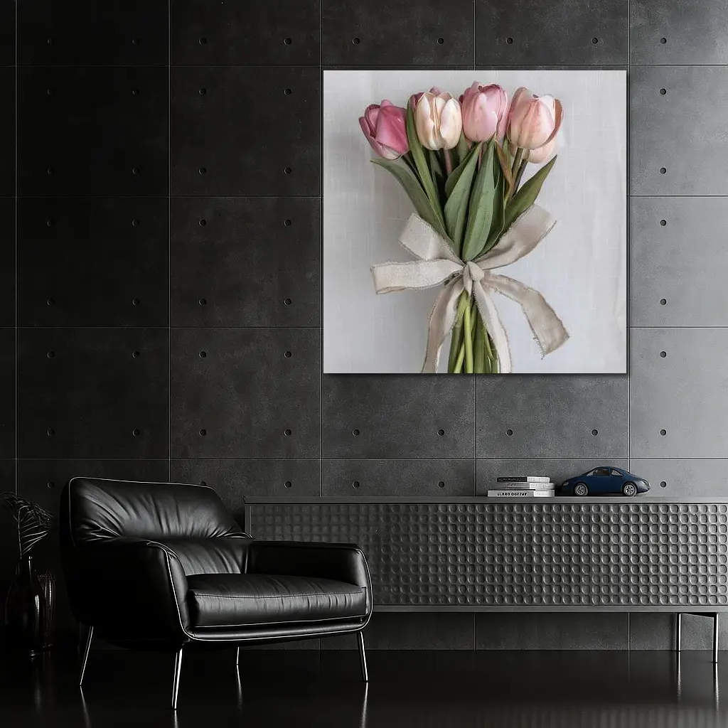 Pink Tulips Bouquet With Linen Ribbon – Wall Art