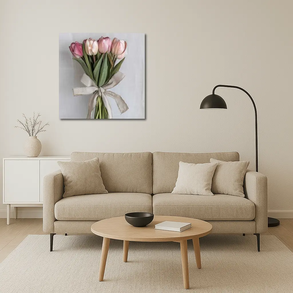 Pink Tulips Bouquet With Linen Ribbon – Wall Art