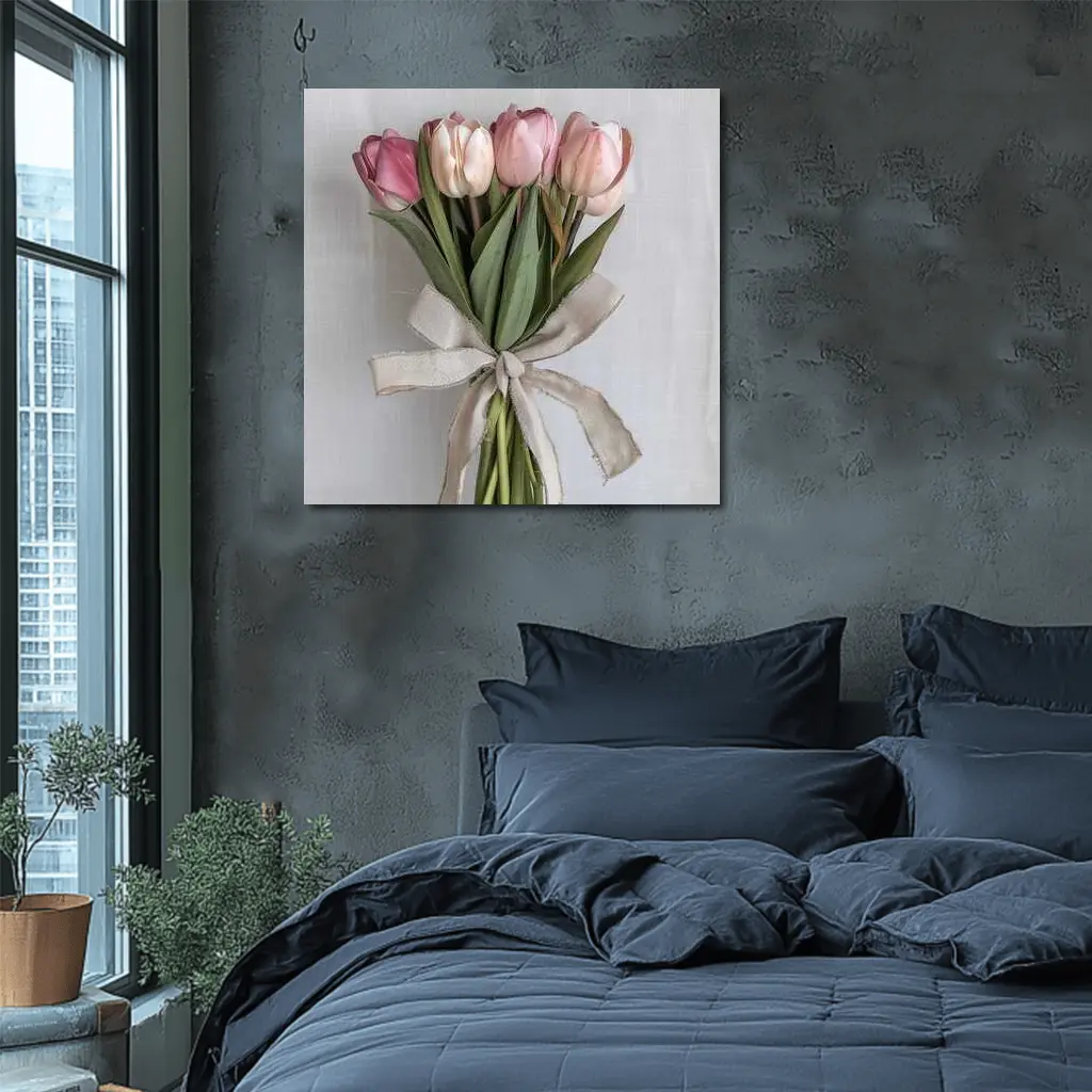 Pink Tulips Bouquet With Linen Ribbon – Wall Art