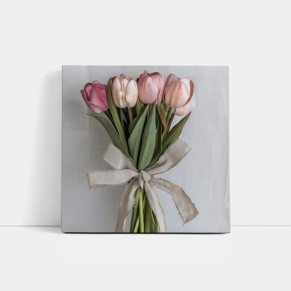 Pink Tulips Bouquet With Linen Ribbon – Wall Art