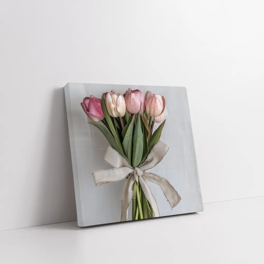 Pink Tulips Bouquet With Linen Ribbon – Wall Art