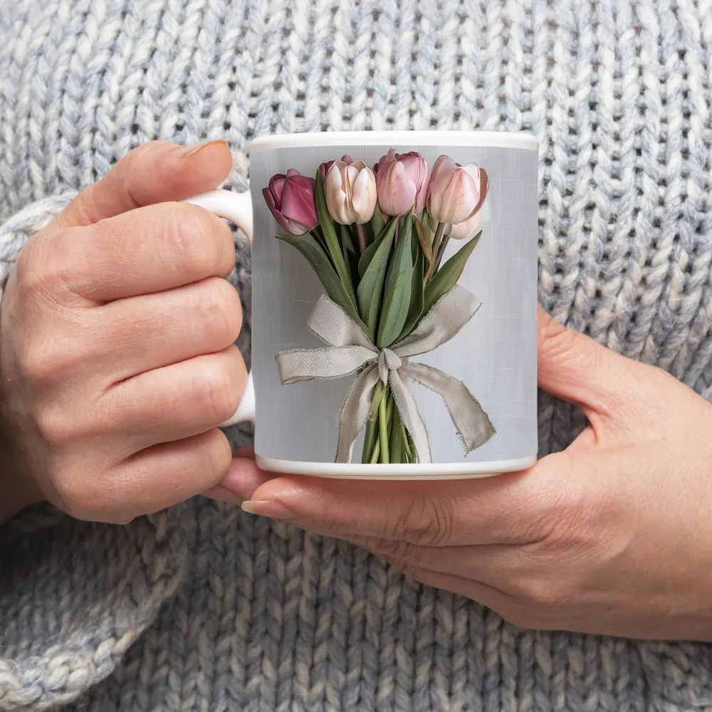 Pink Tulips Bouquet With Linen Ribbon – Mugs