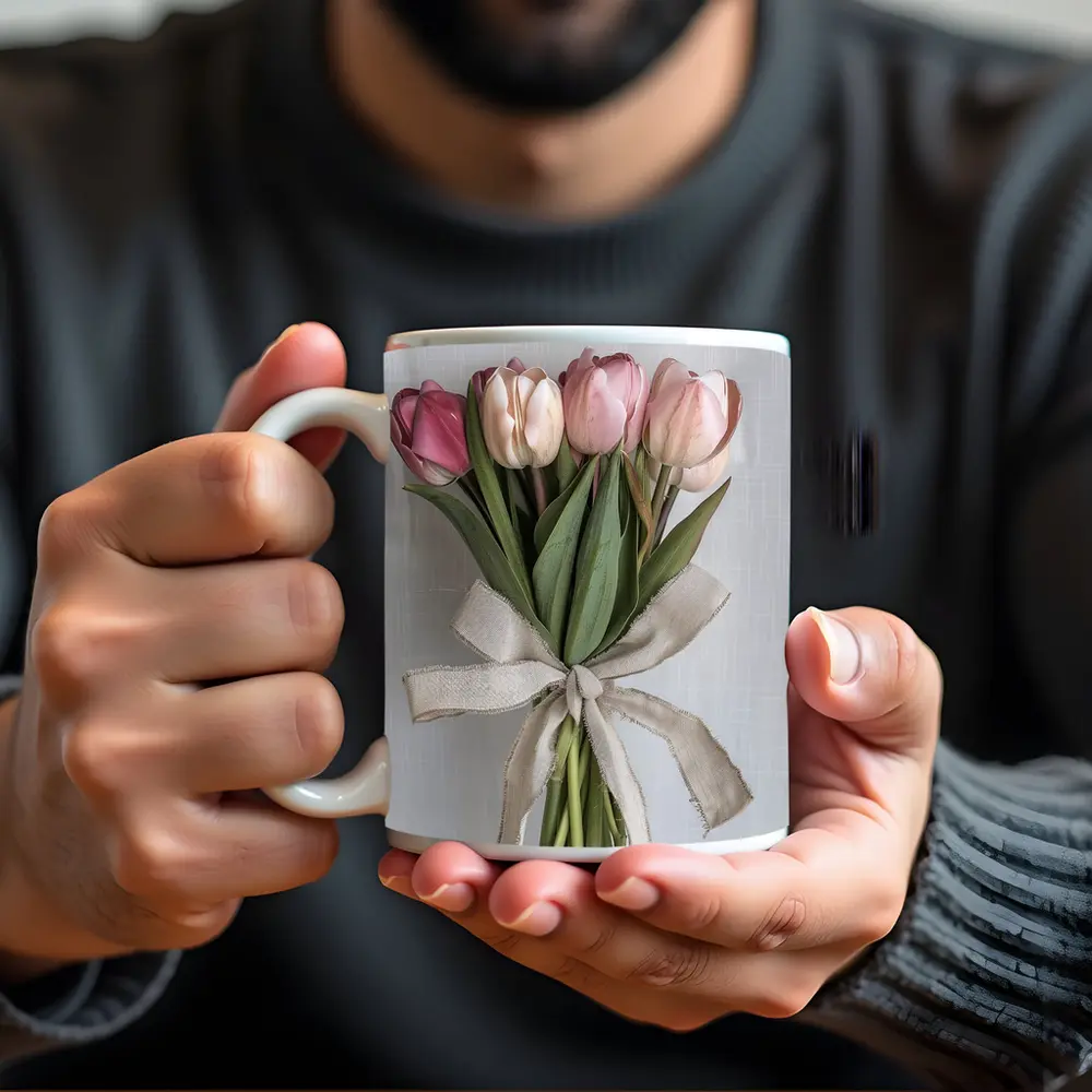 Pink Tulips Bouquet With Linen Ribbon – Mugs
